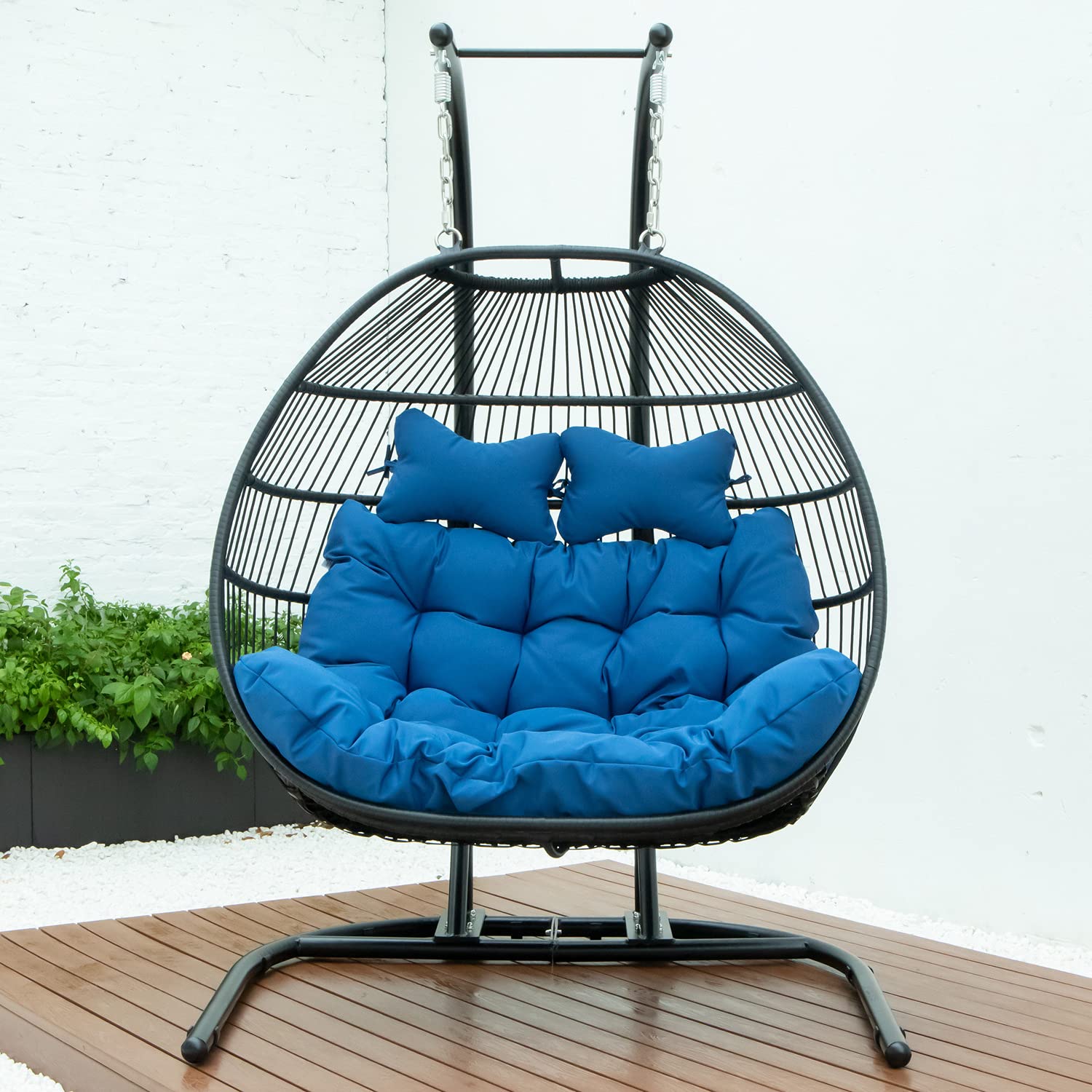LeisureMod Wicker 2-Person Double Folding Hanging Egg Swing Chair for Patio, Garden, Porch & Outdoor Relaxation