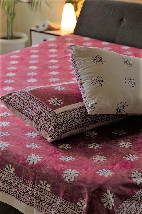 Blooming Pink Handblock Printed Cotton Bedsheet - Premium 100% Cotton Queen Size Bed Sheet Set - Floral Design for Boho & Vintage Bedroom Decor