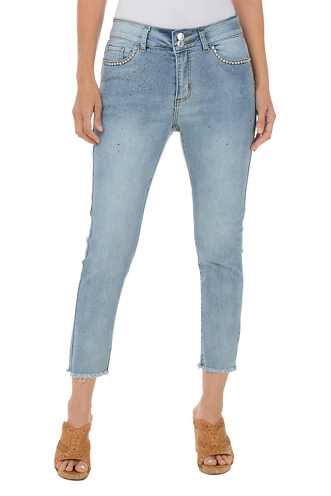 Sparkling Rhinestone Embellished High-Waisted Denim Crop Pants for Women - Trendy Party & Night Out Outfit