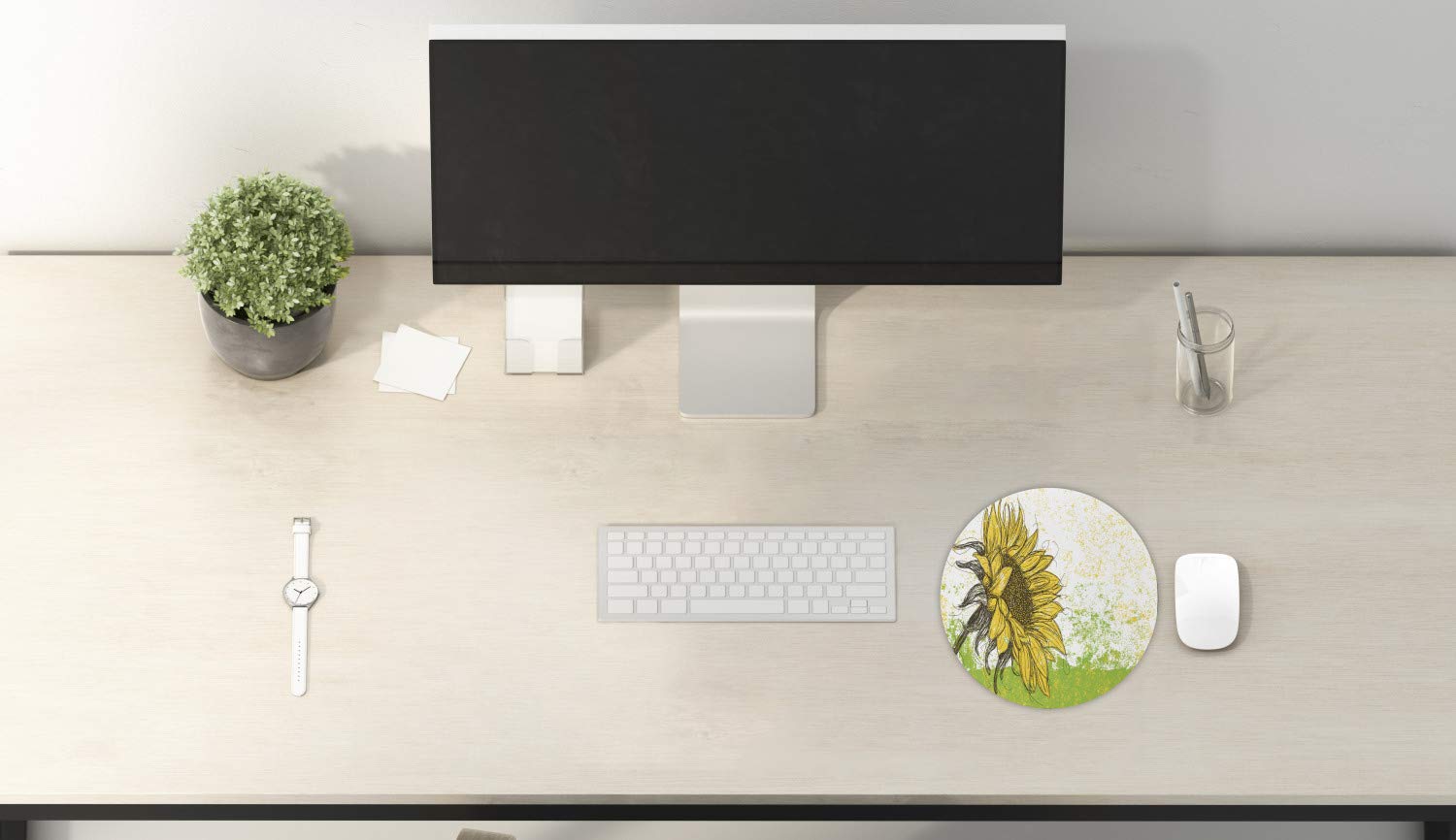 Ambesonne Floral Sunflower Mouse Pad - 8 Inch Round Non-Slip Rubber Gaming Mousepad with Abstract Summer Garden Design for Computer, Laptop, Office & Home Use