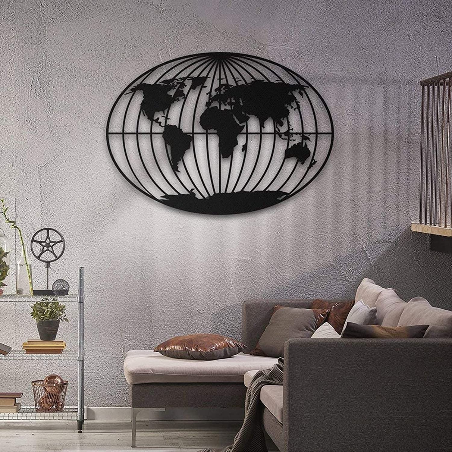 3D Metal World Map Wall Art Sculpture - Geometric Compass Design, Safety Certified, Black Silhouette Decor for Living Room, Bedroom & Bathroom