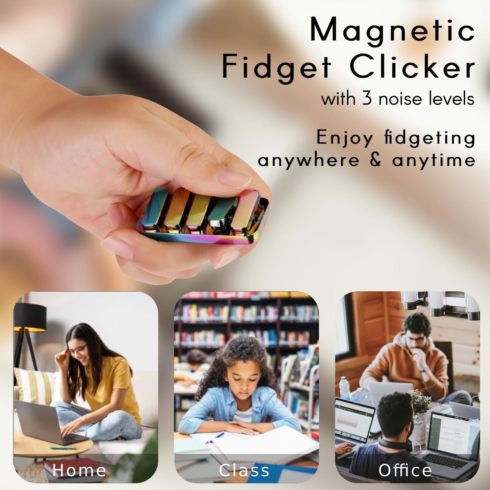 Magnetic Fidget Clicker Toy for Adults - Stress Relief & Anxiety ADHD Approved with 3 Adjustable Noise Levels (Loud/Medium/Quiet) - Office, Classroom & EDC Sensory Fidget Toy for Focus & Relaxation (Rainbow Color)