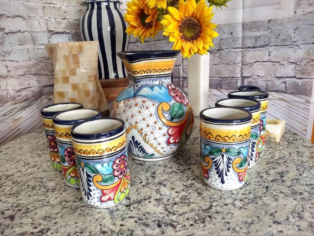 Hand-Painted Majolica Ceramic Talavera Pitcher Set with 6 Tumblers - Traditional Mexican Style Pitcher and Mug Gift Set for Margaritas, Lemonade & Iced Tea - Perfect for Parties, Home Decor & Kitchen Use