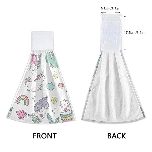 Summer Mermaid & Unicorn Rainbow Kitchen Hand Towels 2 Pack - Absorbent Cotton Hanging Towels with Loop for Kitchen & Bathroom Decor | Perfect for Beach House, RV, and Coastal Themed Homes
