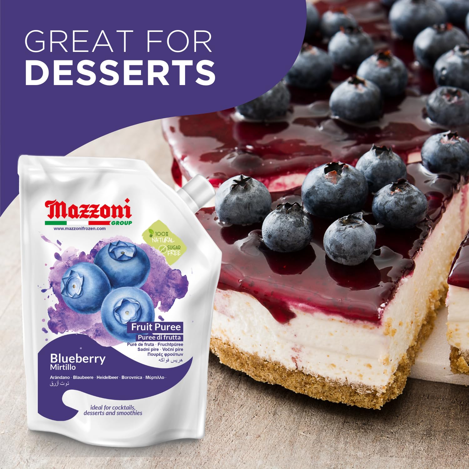 Mazzoni 100% Pure Blueberry Puree - No Sugar Added, 2.2 lbs (35.2 oz) - All Natural Fruit for Smoothies, Juices, Cocktails & Baking - Italian-Made Convenient Pouch - Perfect for Healthy Drinks, Desserts & Baby Food