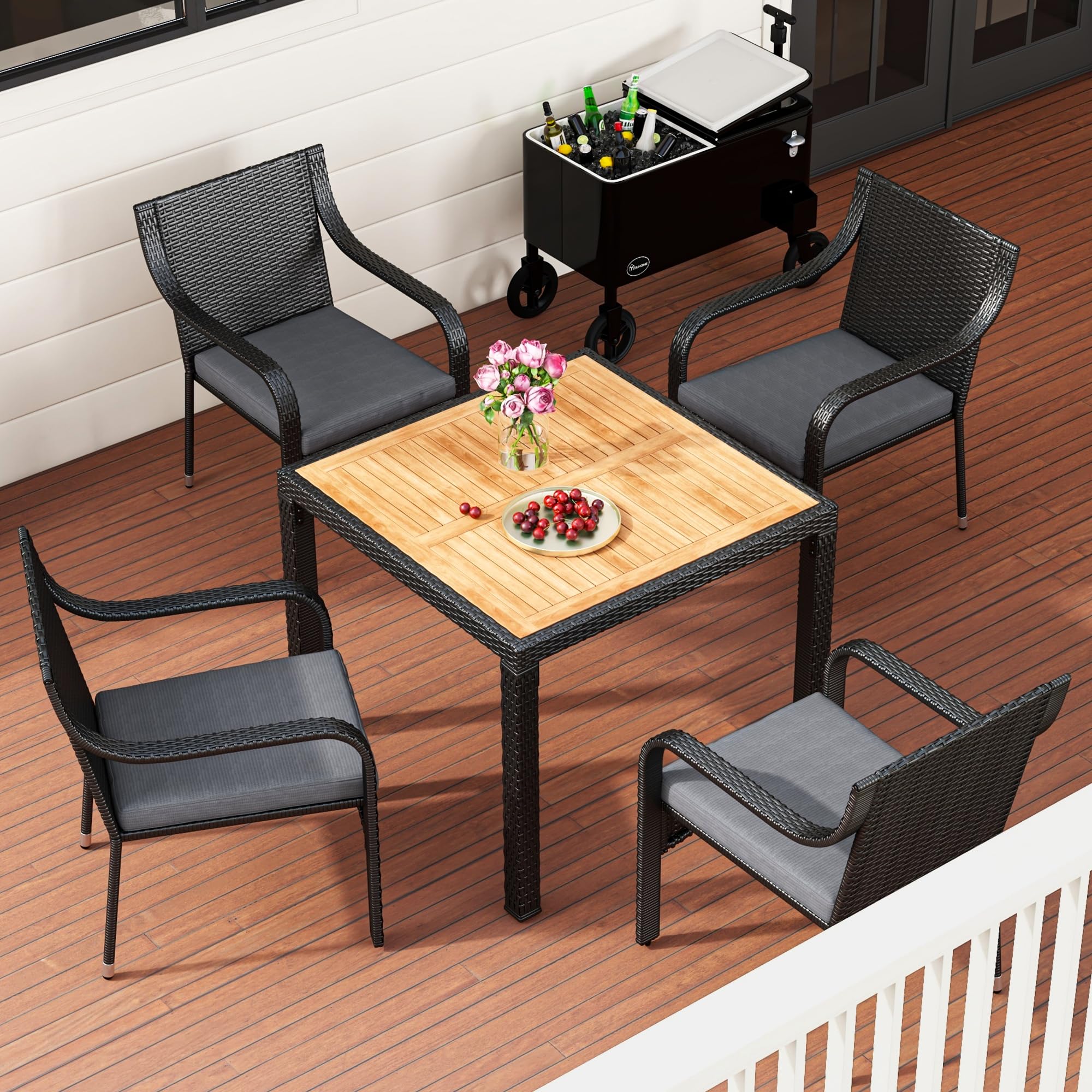 YITAHOME 5-Piece Patio Dining Set - Outdoor Wicker Furniture with Wooden Tabletop & Cushions - Square Garden Dining Set for Backyard, Lawn, Deck - Perfect for Outdoor Entertaining & Relaxation