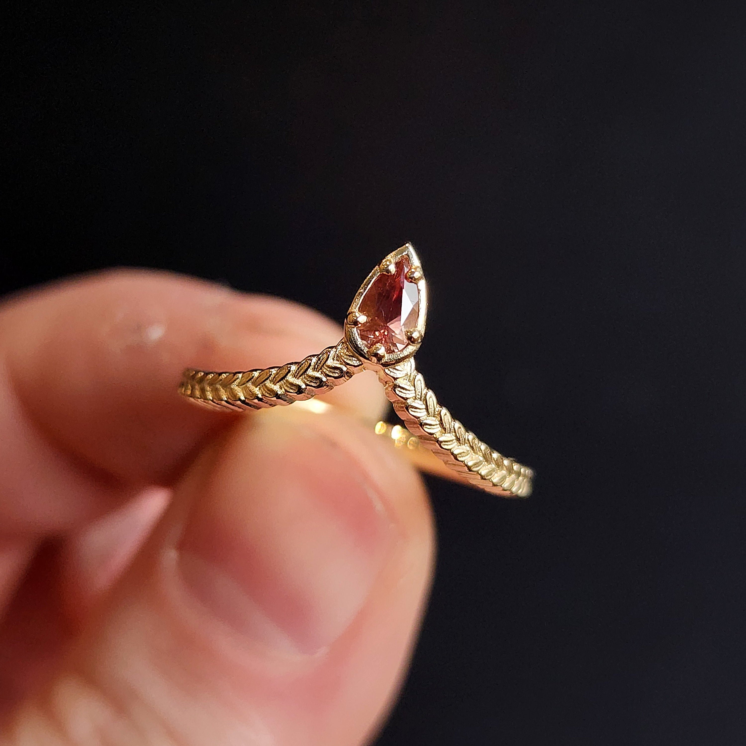 14k Gold Oregon Sunstone Pear Leaf Chevron Stacking Ring - Elegant Side Band for Women, Perfect for Layering, Stacking, and Everyday Wear