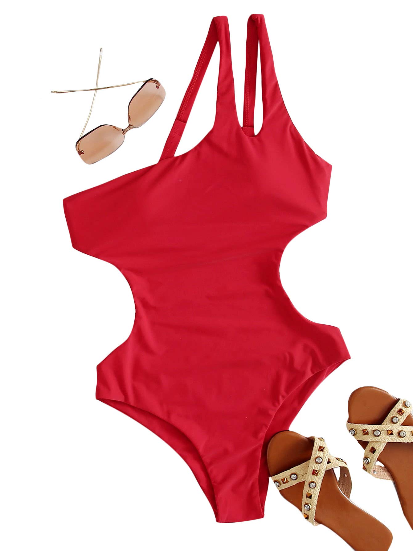 Romwe Women's One Shoulder Cutout Monokini Swimsuit - Sexy Backless One Piece Bathing Suit for Beach, Pool Party & Summer Vacation