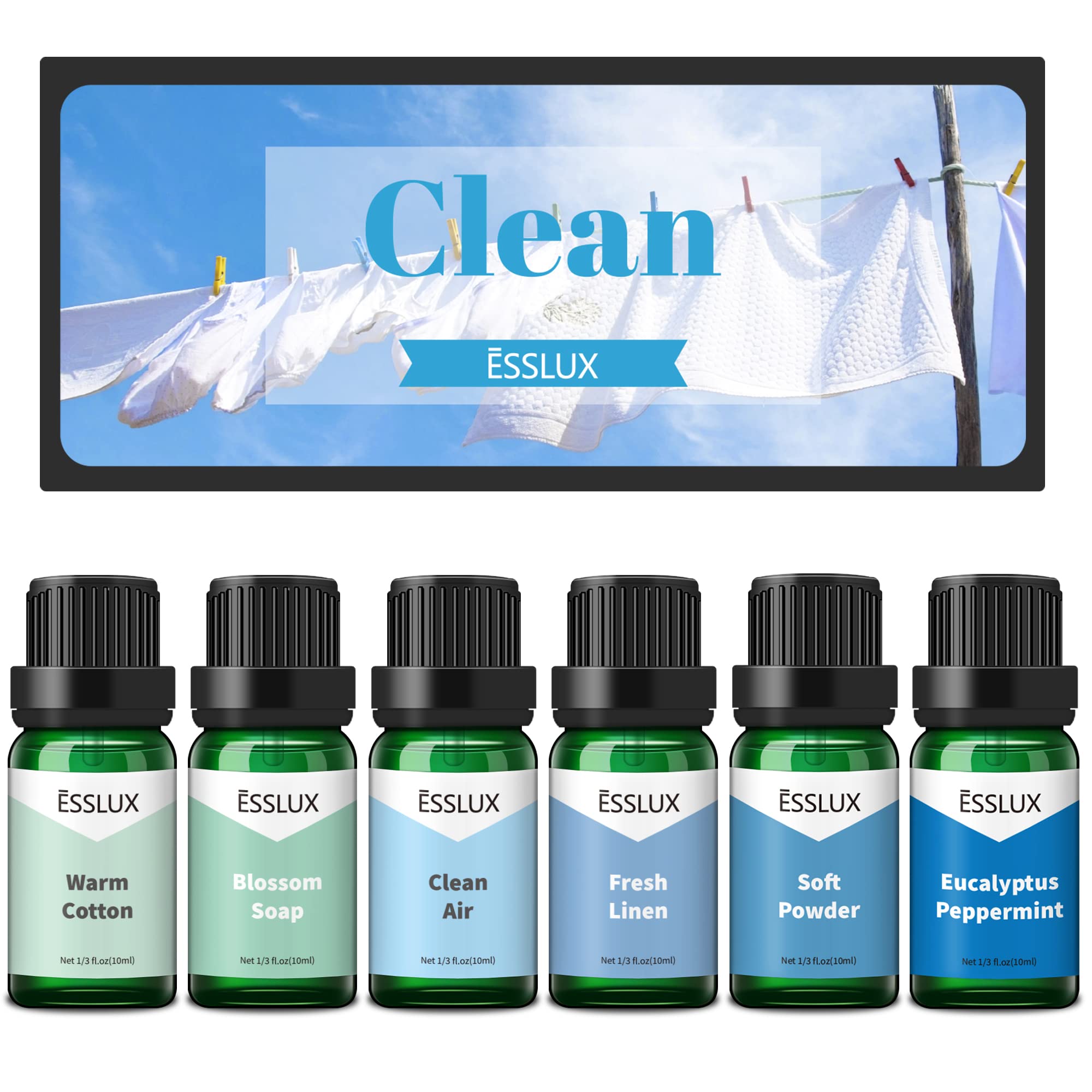 Premium Clean Fragrance Oil - ESSLUX Essential Scented Oils for Diffusers, Soap & Candle Making | Aromatherapy Oils for Home, Laundry & Humidifiers | Fresh Spring & Summer Scents for Relaxation & Stress Relief