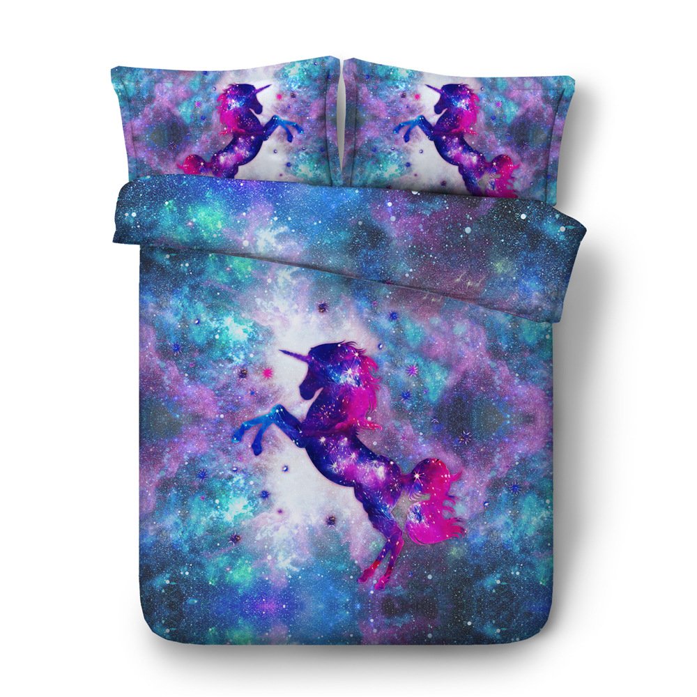 HyUkoa 3D Unicorn Galaxy Bedding Set - Full Size Kids' Duvet Cover with Elegant Unicorn Print, Soft & Breathable 3-Piece Blue/Purple Space Themed Bed Set - Perfect for Girls' Bedrooms, Fantasy Themed Decor & Kids' Sleepovers