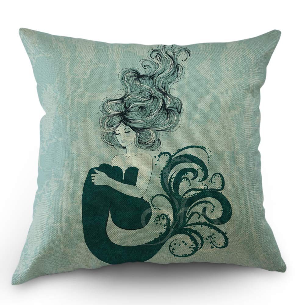 Mermaid Decorative Throw Pillow Cover - 18x18 Inch Blue Cotton Linen Square Cushion Case for Sofa, Bed, Living Room - Perfect for Coastal, Nautical & Mermaid-Themed Home Decor