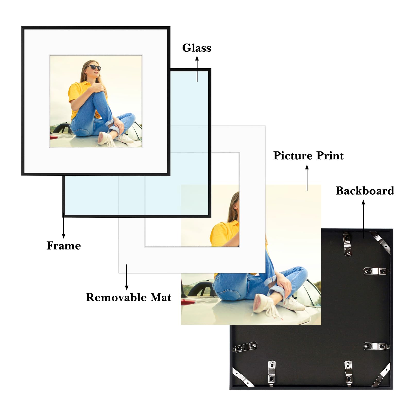 Frametory 12x12 Black Aluminum Picture Frame Set of 12 - Display 8x8 Photos with Mat or 12x12 Without Mat - Real Glass Front Gallery Wall Frames for Art Prints, Posters & Home Decor - Perfect for Living Room, Bedroom & Office Wall Display