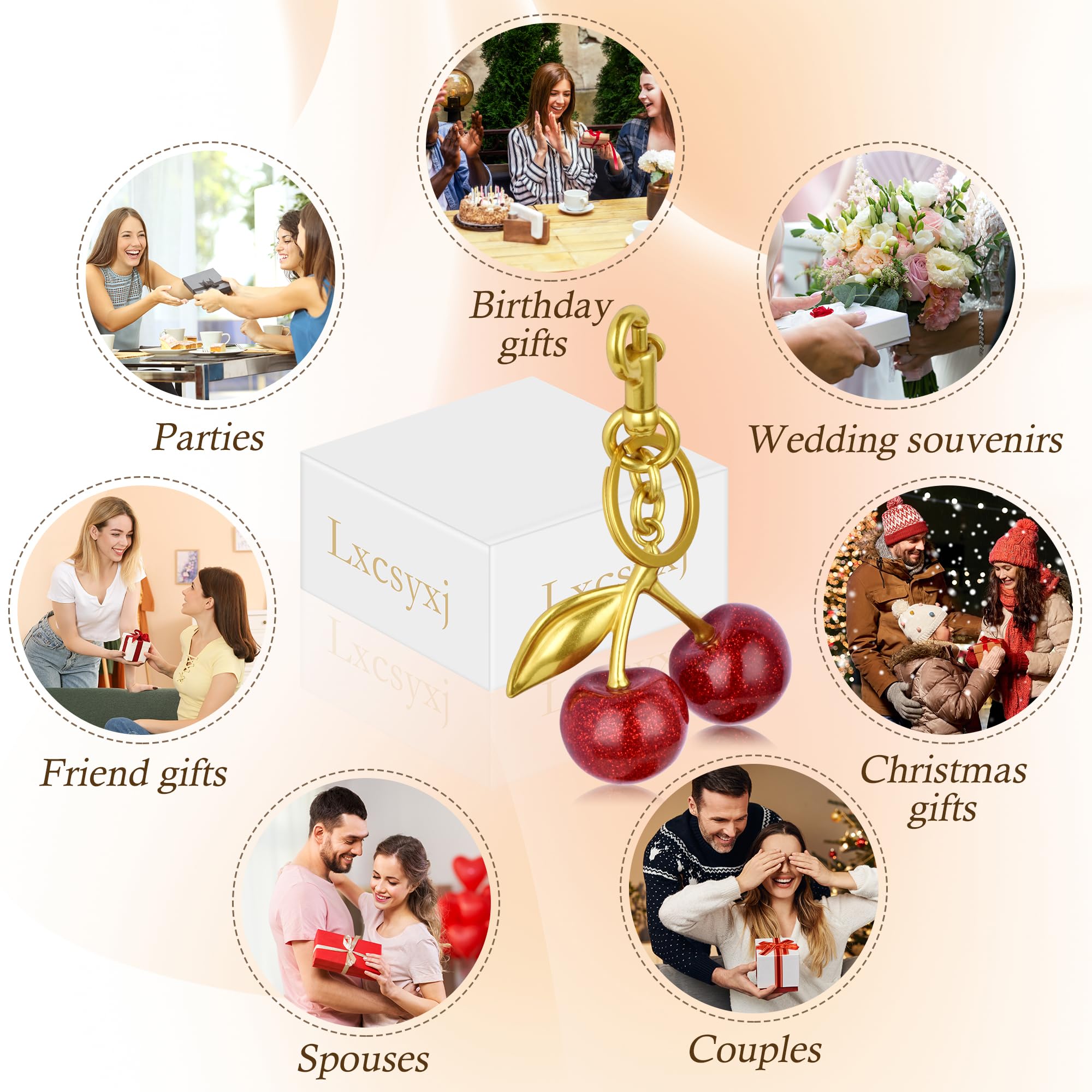 Cherry Keychain - Cute Glittering Resin & Metal Bag Charm with Keyring Clip - Perfect for Purses, Backpacks & Wallets - Great Gift for Girls & Women