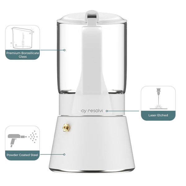 Joy Resolve ClearBrew Stovetop Espresso Maker - 3 Cup Italian Coffee Pot for Rich Espresso, Perfect for Home, Office, Camping & Gifts