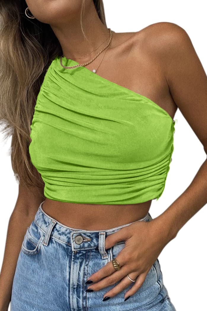CHYRII Women's Sexy Sparkly One Shoulder Crop Top Sleeveless Ruched Tank Top for Party, Club, Date Night & Summer Outfits