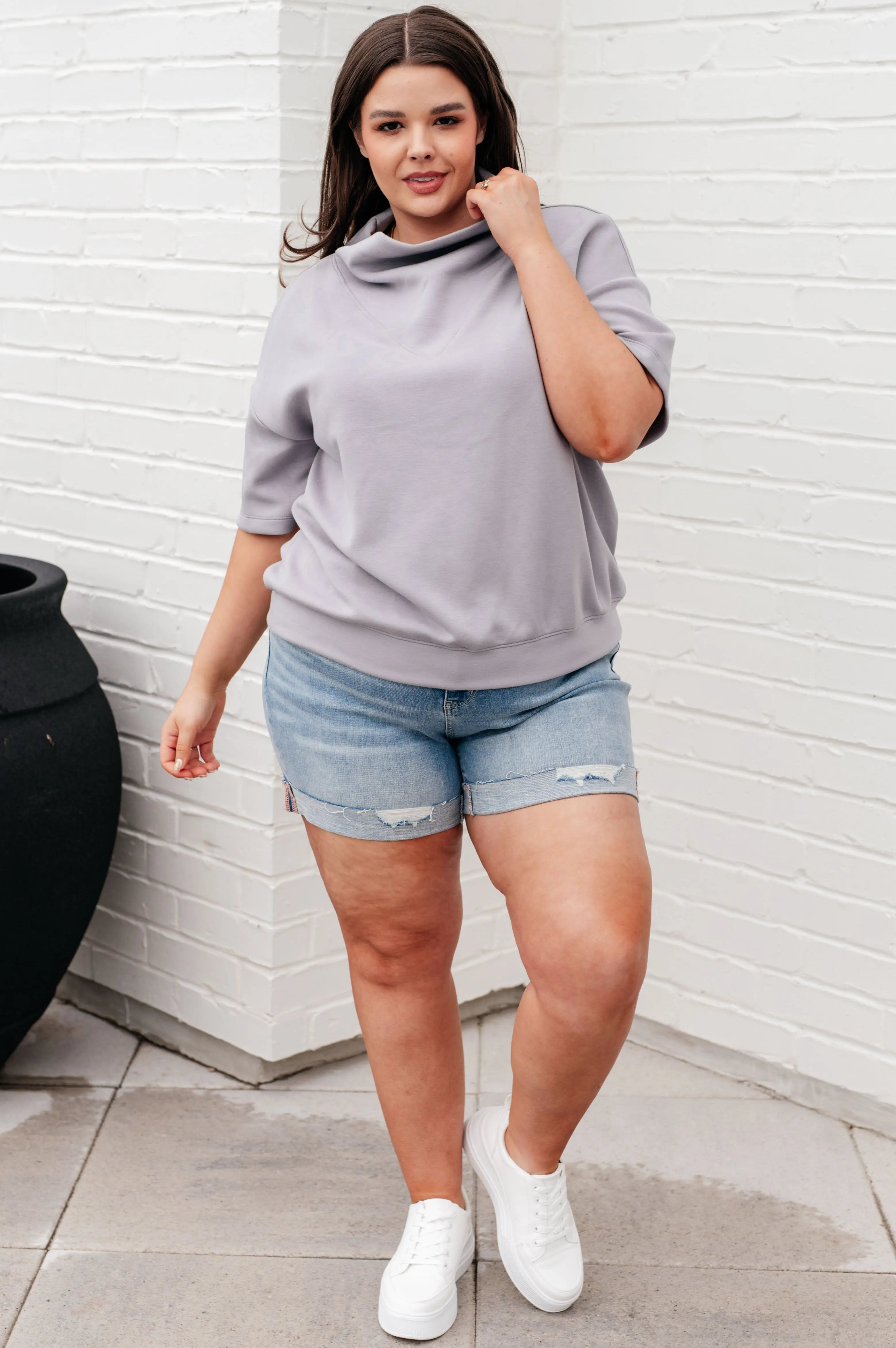 I Just Felt Like It Mock Neck Top in Mystic Grey - Women's Casual Long Sleeve T-Shirt for Everyday Wear, Office & Date Outfits