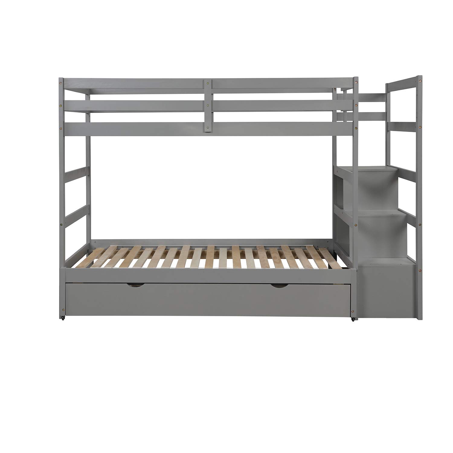 **Solid Wood Twin Over Twin/King Bunk Bed with Trundle & Storage Staircase - Kids & Teens Bunk Bed with Side Shelves & Drawer, No Box Spring Needed (Gray) - Perfect for Small Bedrooms, Guest Rooms & Vacation Homes**