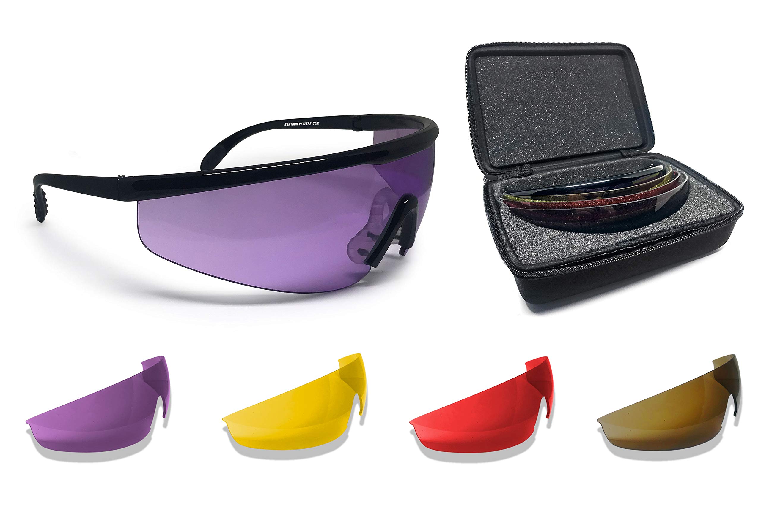 Bertoni AF899 Tactical Shooting Glasses - 4 Interchangeable Lenses with RX Optical Prescription Carrier - Protective Safety Eyewear with Carrying Case - Shiny Black - Perfect for Hunting, Airsoft & Range Shooting