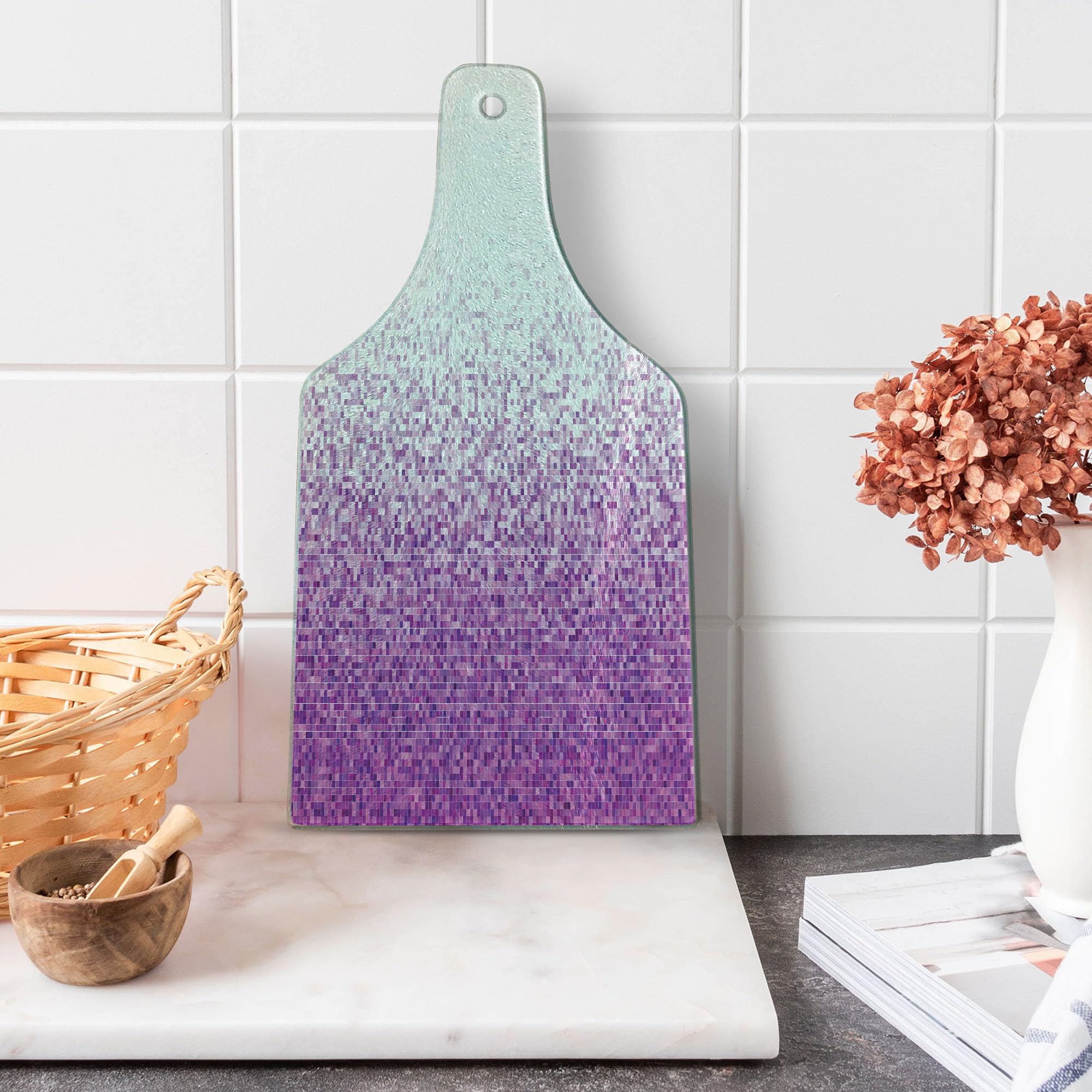 Ambesonne Purple White Tempered Glass Cutting Board - Artistic Pixel Mosaic Design, Decorative Serving Board for Kitchen & Entertaining - Perfect for Cheese Platters, Wine Pairing & Home Decor