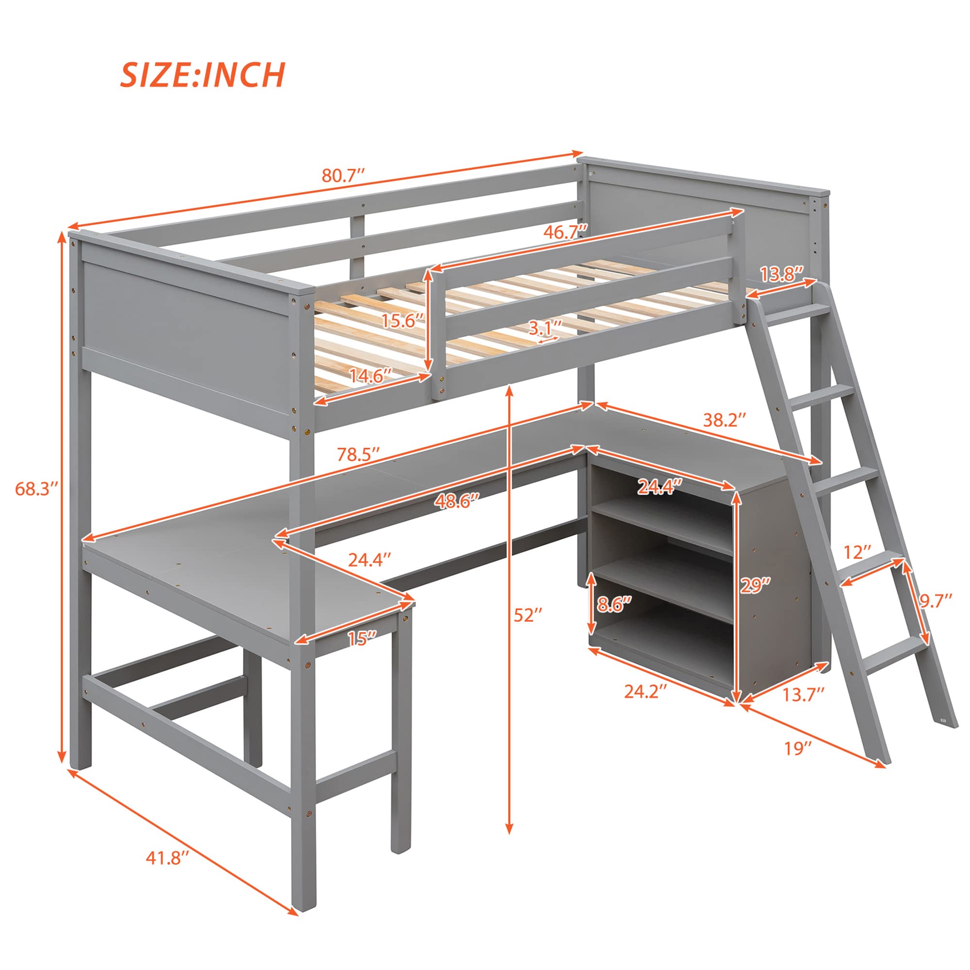 P PURLOVE Twin Loft Bed Frame with Shelves & Desk - Sturdy Wood Loft Bed for Teens, Kids, Boys & Girls - Space-Saving Design with Angled Ladder - No Box Spring Needed (Gray) - Perfect for Small Bedrooms, Dorms & Studio Apartments