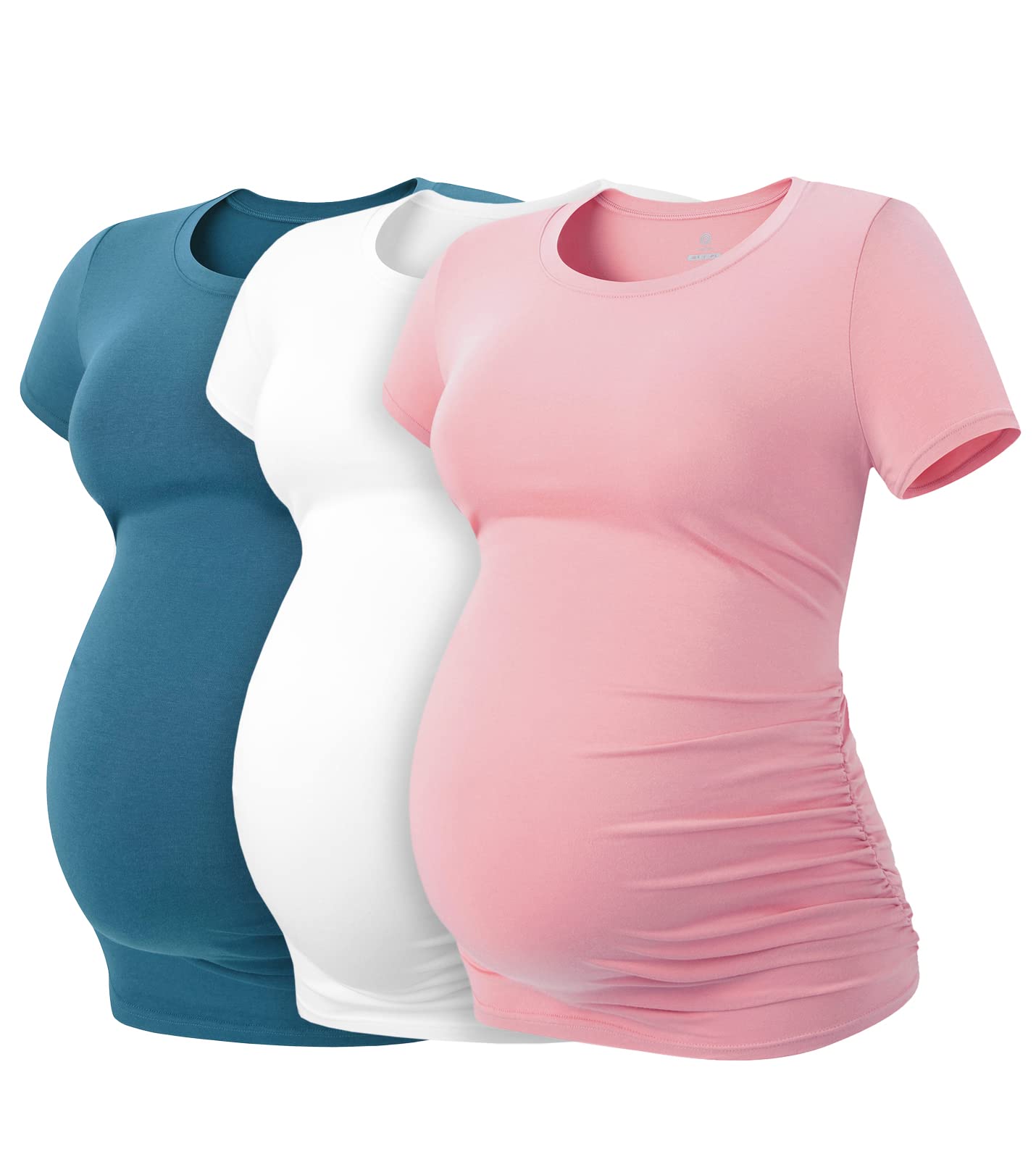 LAPASA Women's Maternity Shirts - Soft Cotton Short Sleeve Pregnancy Tops with Side Ruched Detail (1 or 3 Pack) - Comfortable Crew Neck Tees for Everyday Wear - Perfect for Work, Casual Outings & Maternity Photos