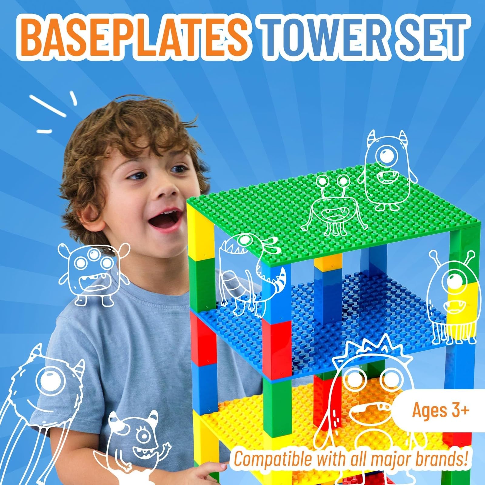 Strictly Briks Lego-Compatible Stackable Baseplates - 6x6 Inch Building Bricks for Towers, Shelves & DIY Projects (4 Base Plates + 30 Stackers in Red, Green, Blue & Yellow) | Perfect for Kids' Creative Play, Classroom STEM Activities & Home Organization