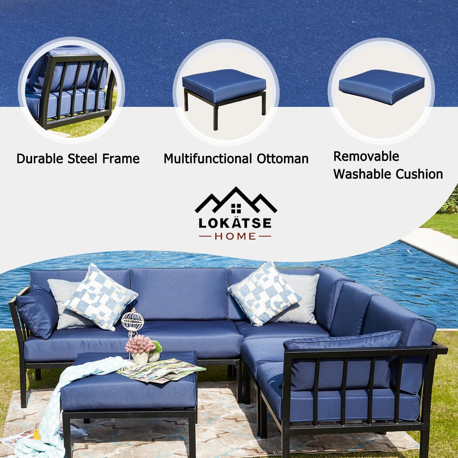 LOKATSE HOME 6-Piece Patio Conversation Set - Outdoor Sectional Sofa with 3 Corner Couch, 2 Armless Chairs & Ottoman - Blue Cushions - Perfect for Backyard, Garden, and Poolside Relaxation