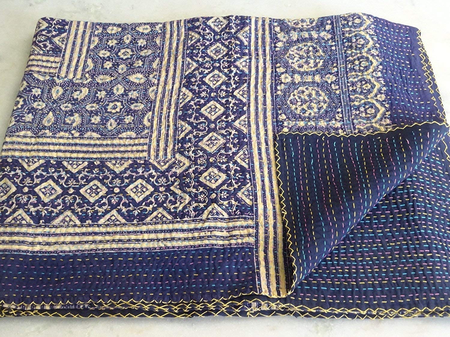 Handmade Blue Kantha Quilt Queen Size - Indian Ajrakh Stitch Bohemian Bedspread & Throw Blanket | Perfect for Bohemian Bedroom Decor, Guest Room Accent, or Cozy Living Room Throw
