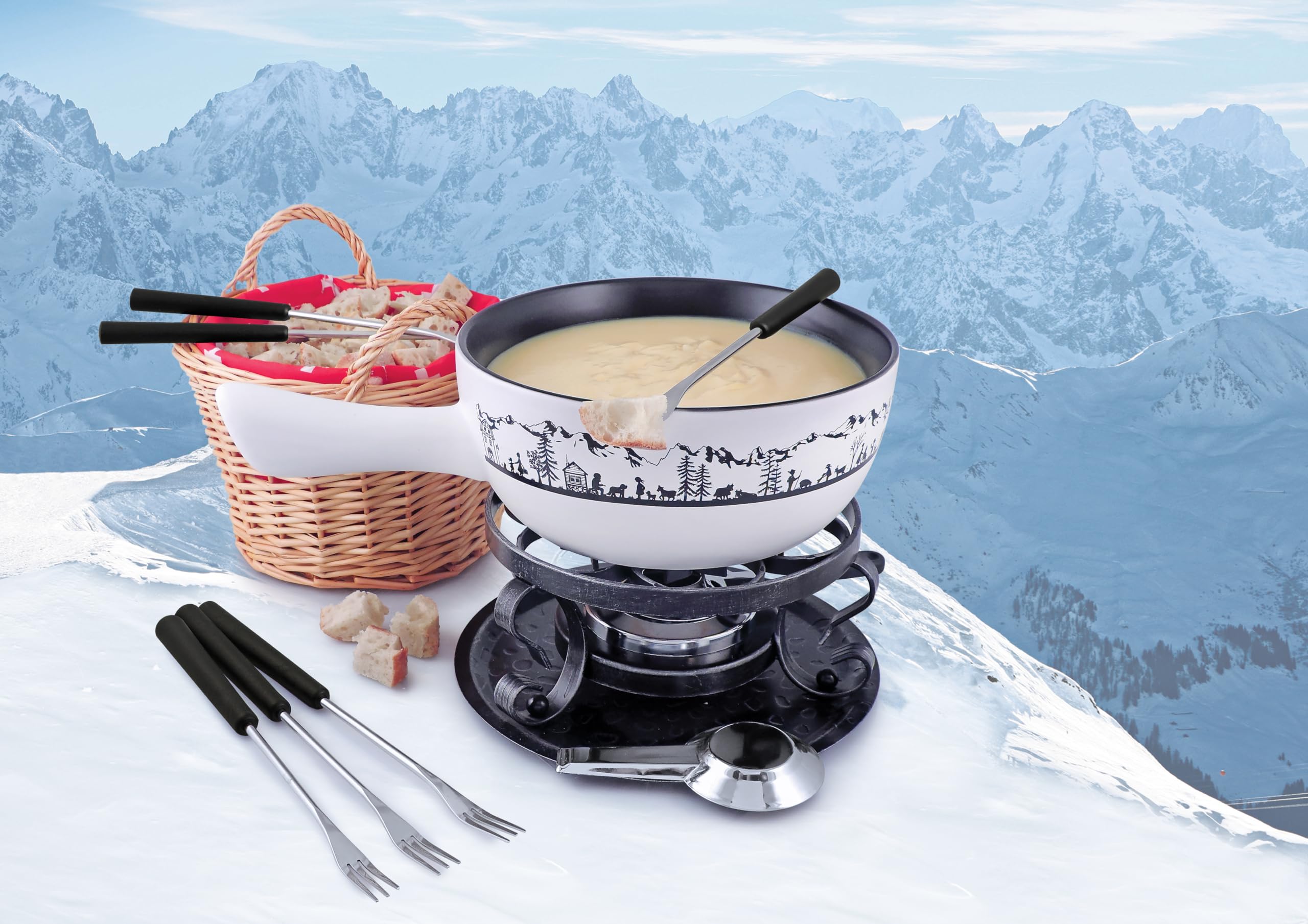 Premium Swissmar Heidi Cheese Fondue Set - 2.8 QT Ceramic Pot with Rechaud Burner, 6 Forks & Recipe Card - Perfect for Melting Cheese, Chocolate & Caramel - Elegant White - Ideal for Dinner Parties, Romantic Dates & Family Gatherings