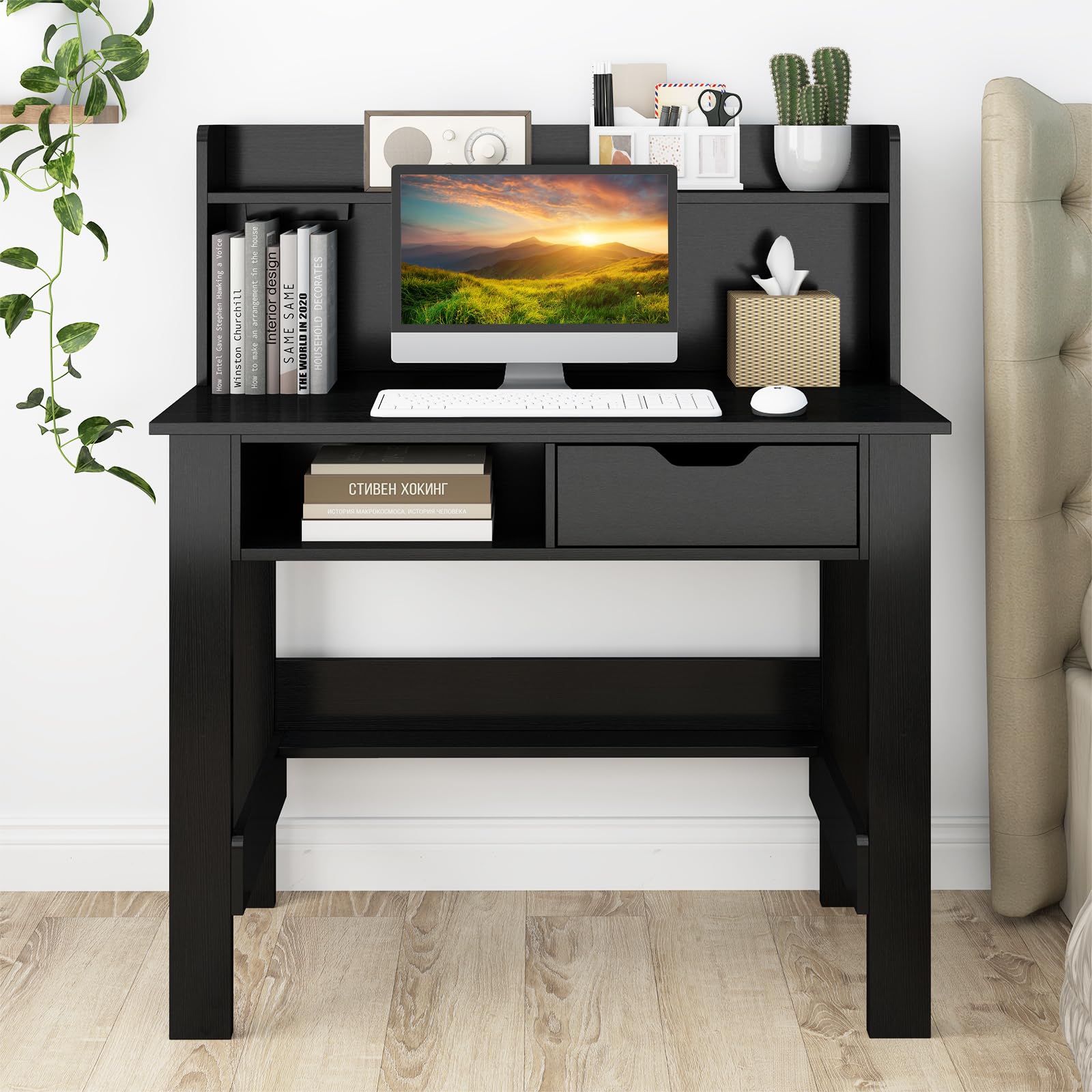 Tangkula Modern Computer Desk with Drawer & Hutch - Home Office Writing Desk with Charging Station & Storage Shelves, Space-Saving Workstation for Study, Work & Makeup Vanity | Perfect for Small Spaces, Home Office & Dorm Rooms