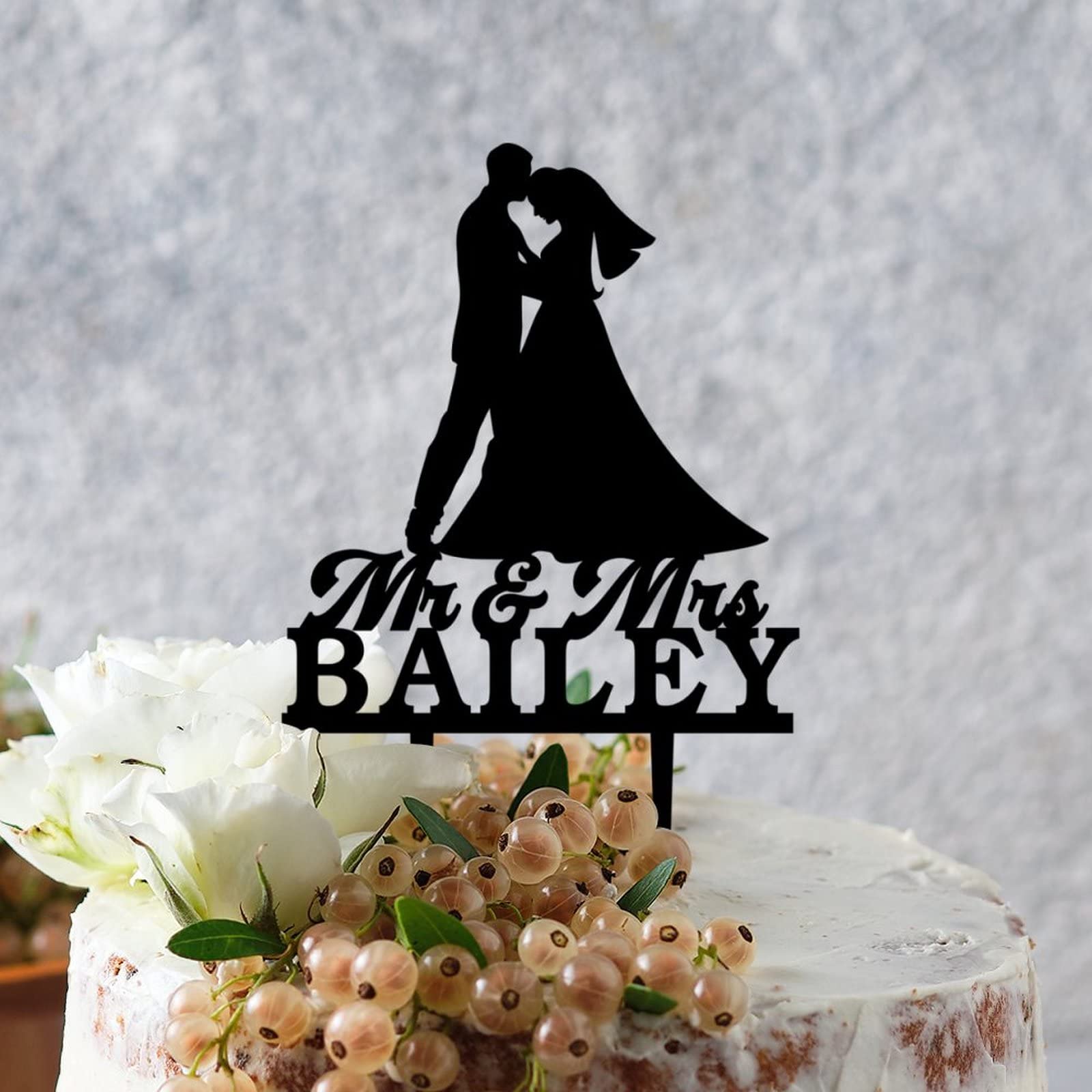 Personalized Mr & Mrs Wedding Cake Toppers - Kissing Couple Silhouette Acrylic Black Cake Topper for Engagement & Wedding Decorations | Perfect for Wedding Cakes, Anniversary Cakes & Bridal Showers