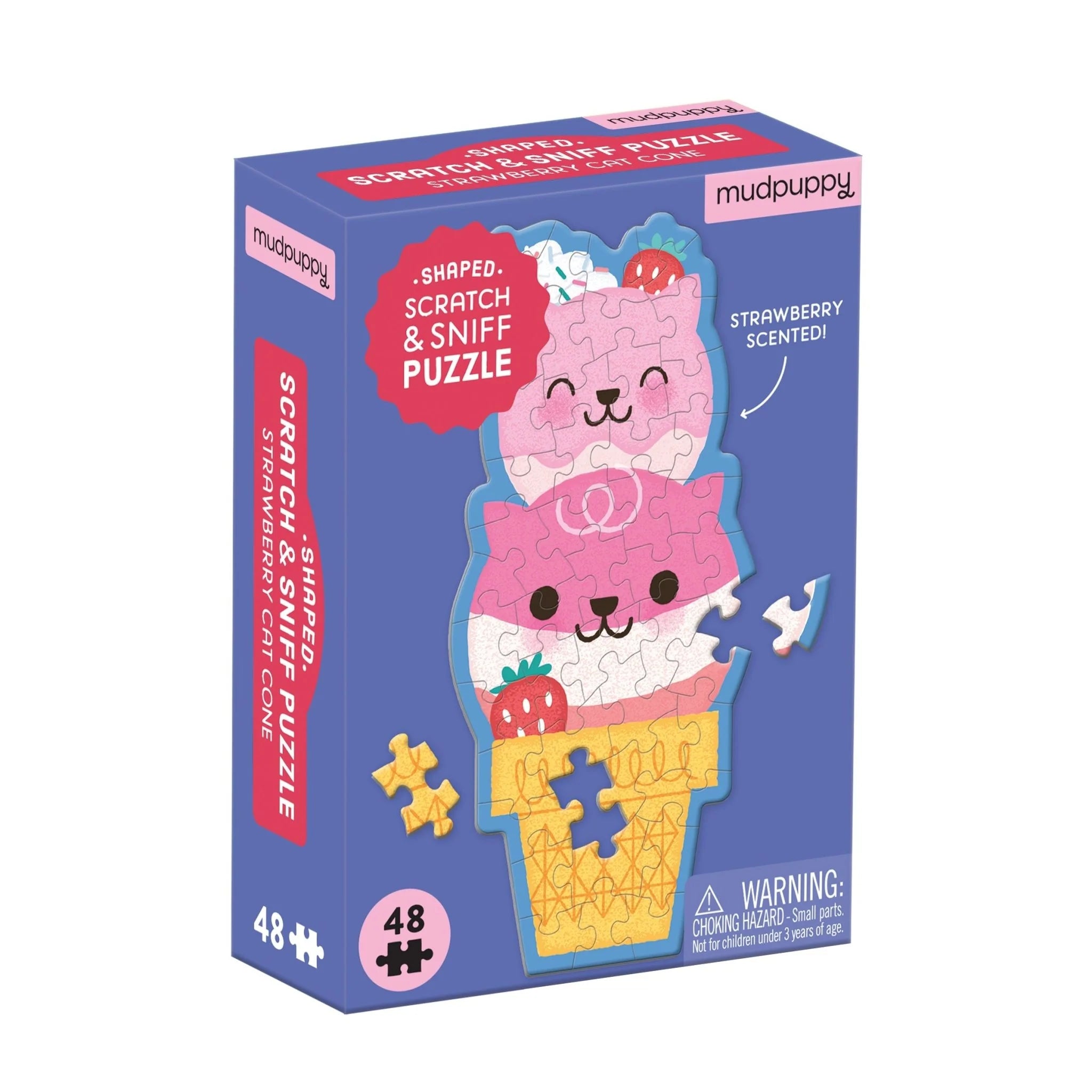 Strawberry Cat Cone 48 Piece Scratch and Sniff Shaped Puzzle - Fun Interactive Toy for Kids, Perfect for Birthday Parties & Family Game Night