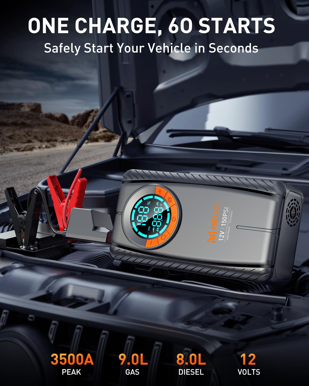 3500A Portable Car Jump Starter with Air Compressor - 12V Battery Booster for Gas (9.0L) & Diesel (8.0L) Engines, Smart Jumper Cables, Tire Inflator & LED Light - Emergency Roadside Assistance for Cars, Trucks, SUVs & RVs