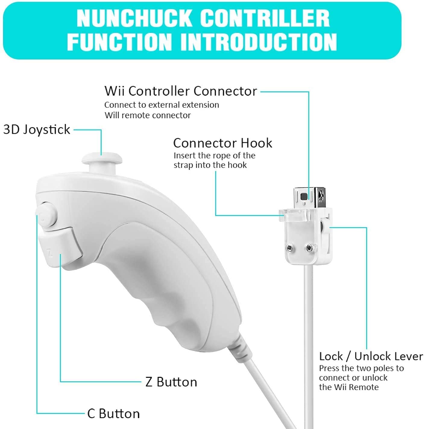 2-Pack White Wii Nunchuck Controller - Replacement for Nintendo Wii Gaming Accessories - Perfect for Multiplayer & Fitness Games