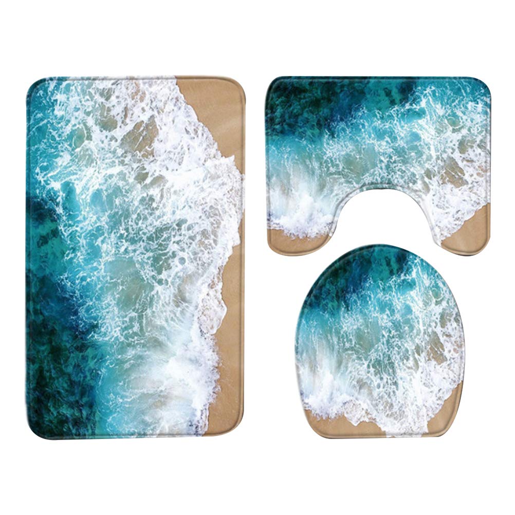 DOITOOL 3-Piece Toilet Seat Cushion Set - Non-Slip Washable Bathroom Rug with Spindrift Print, Toilet Lid Cover & Mat (75x45cm) - Soft Comfort for Bathroom Floor, Perfect for Modern Home Decor