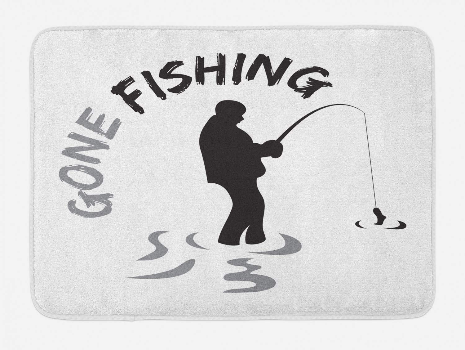 Ambesonne Non-Slip Fishing Bath Mat - Plush Charcoal & Pale Grey Decor with Man Silhouette Print, 30.2x20 Inches - Perfect for Bathroom, Lake House, or Fishing Enthusiast's Home Decor
