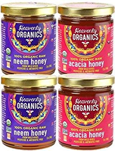 Heavenly Organics 100% Organic Raw Honey Variety Pack - Pure Neem Honey & Acacia Honey (4 Jars) | Natural Sweetener for Tea, Baking & Healthy Snacks