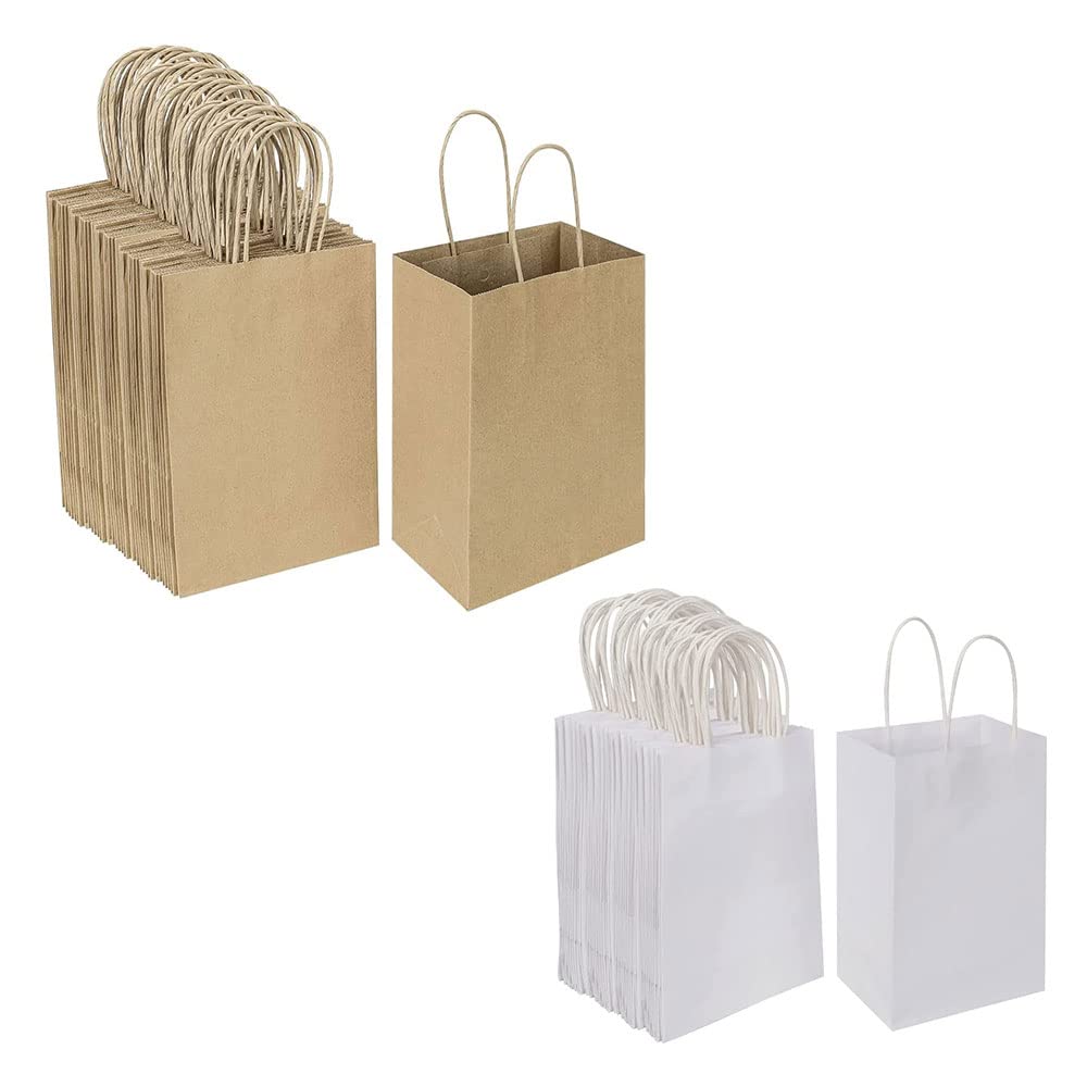 100 Pack Small Brown & White Kraft Paper Gift Bags with Handles - Bulk Eco-Friendly Party Favor Bags for Weddings, Baby Showers & Birthday Gifts