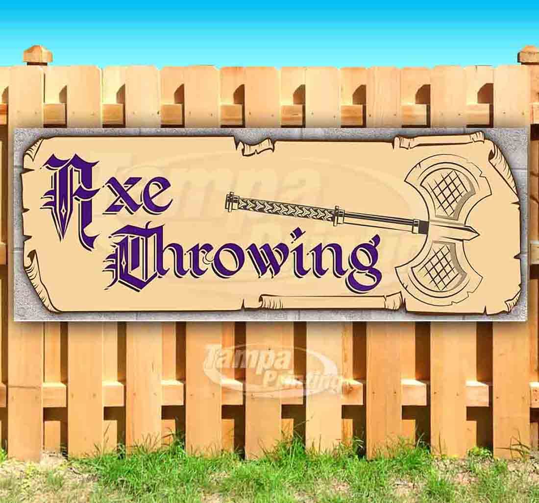 Axe Throwing Banner 13 oz - Heavy Duty Vinyl Sign with Metal Grommets | Durable Non-Fabric Material | Perfect for Outdoor Axe Throwing Arenas, Sports Bars & Man Cave Decor