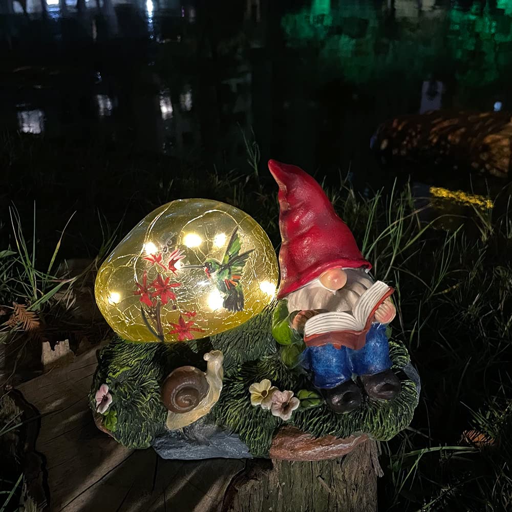 Solar Powered Garden Gnome with Red Hat & Snail - LED Solar Light Outdoor Decor, Weatherproof Resin Lawn Ornament for Yard, Patio & Garden Decorations - Perfect for Backyard, Flower Beds & Pathway Lighting