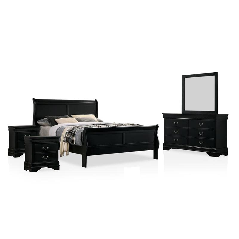Furniture of America FOA Jussy 5-Piece Black Wood Bedroom Set - King Size Bed, 2 Nightstands, Dresser & Mirror | Modern Bedroom Furniture for Home Decor & Master Suite Upgrade