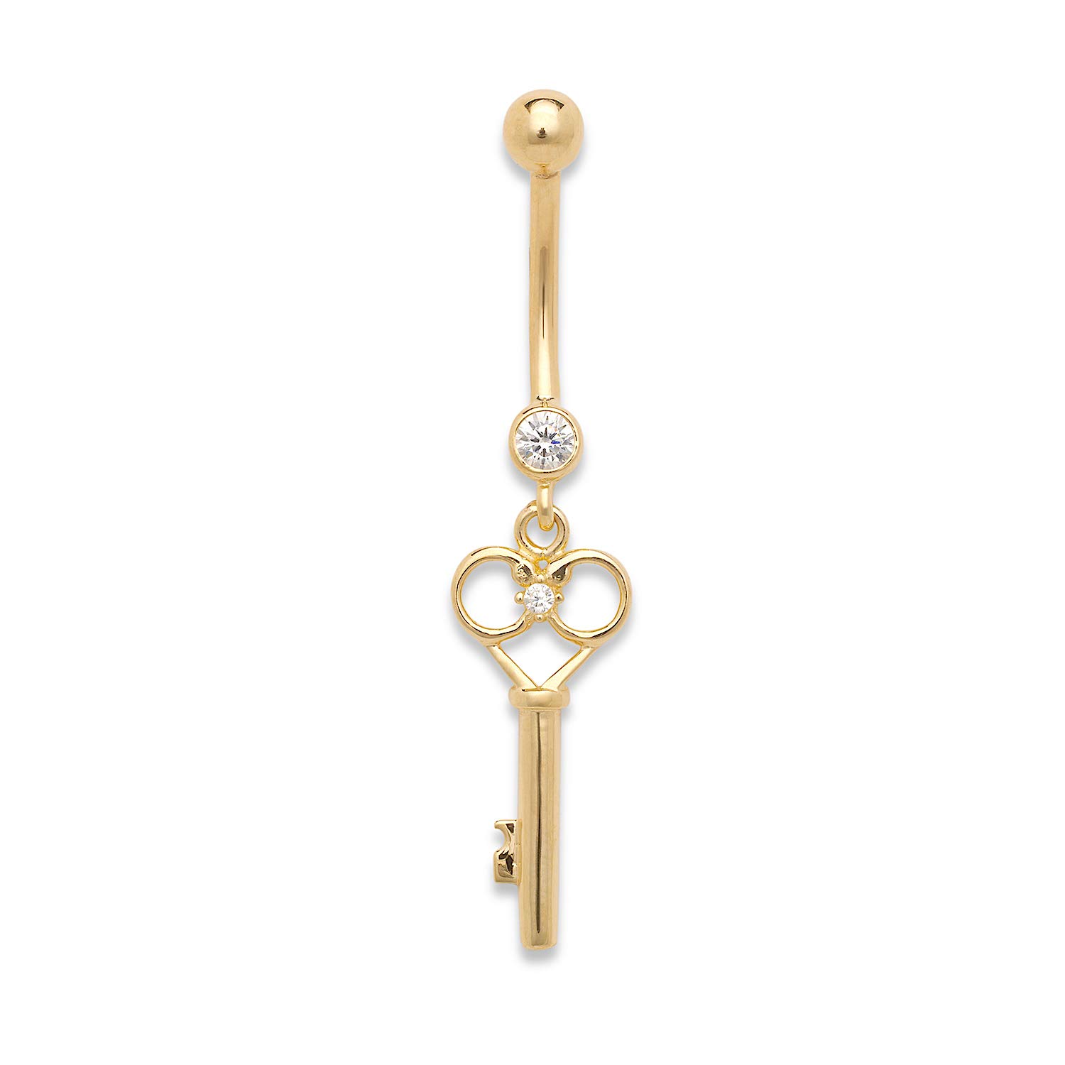 14K Gold Cubic Zirconia Love Key Belly Button Ring - 10mm x 40mm Dangle Navel Piercing Jewelry for Women | Perfect for Beach Parties, Summer Outfits & Body Jewelry Collections