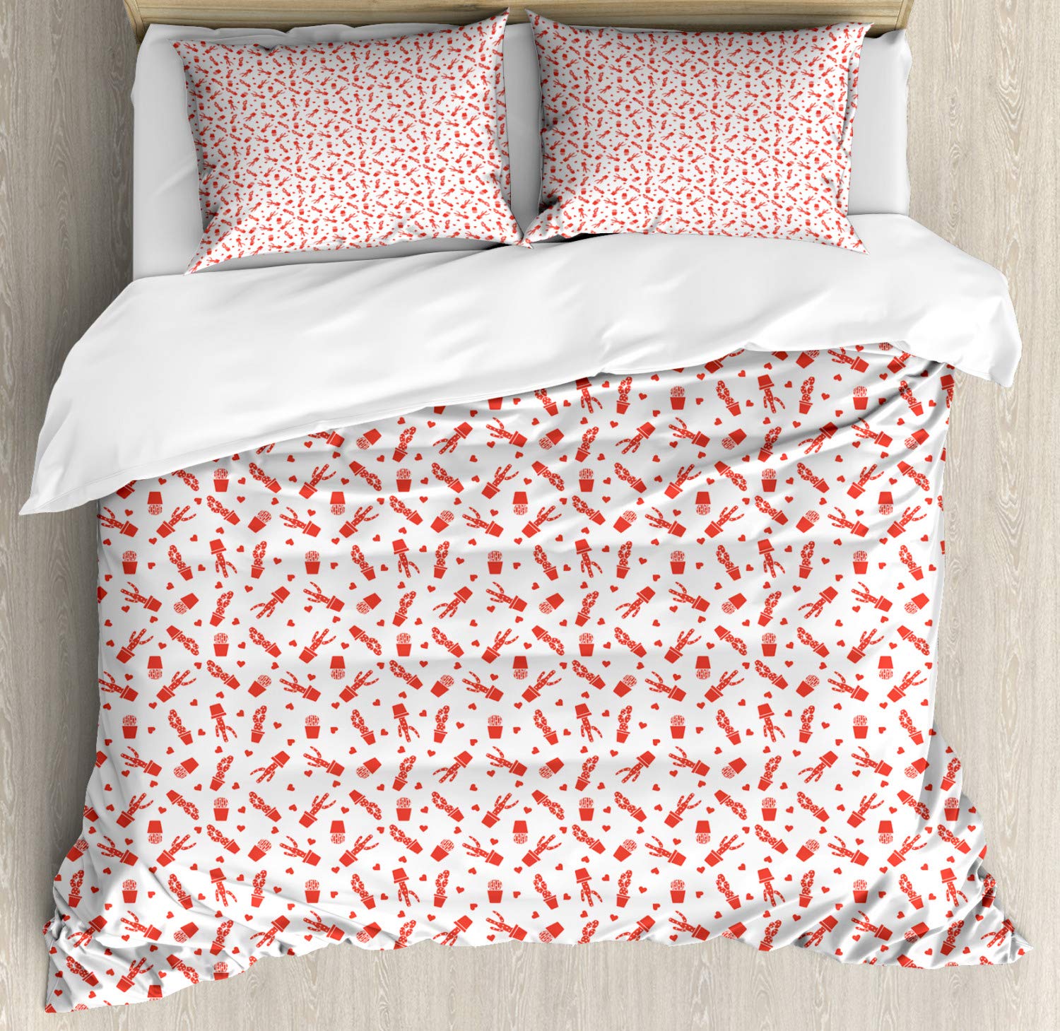 Ambesonne Cactus Print Duvet Cover Set - Monochrome Plant in Pots with Valentine's Day Hearts, 3-Piece Queen Size Bedding Set with 2 Pillow Shams, Dark Salmon & White - Perfect for Boho Bedroom Decor, Guest Room Styling, and Unique Valentine's Gift Idea