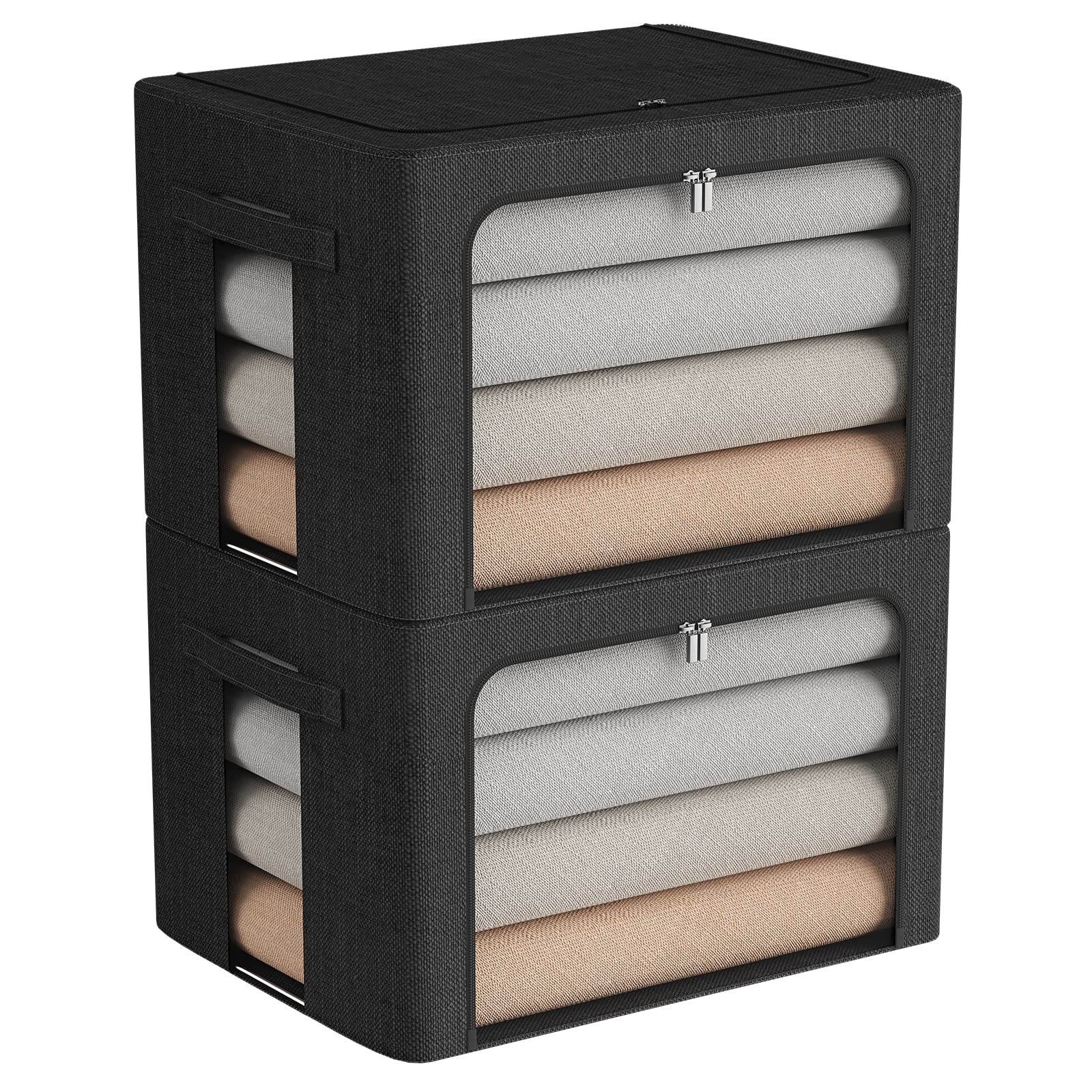 2-Pack Large Foldable Clothes Storage Bins with Metal Frame - 19.7x15.7x12.6 Inch Linen Fabric Organizer Set with Clear Window & Handles (Black) - Perfect for Closet, Bedroom, Nursery & Seasonal Storage