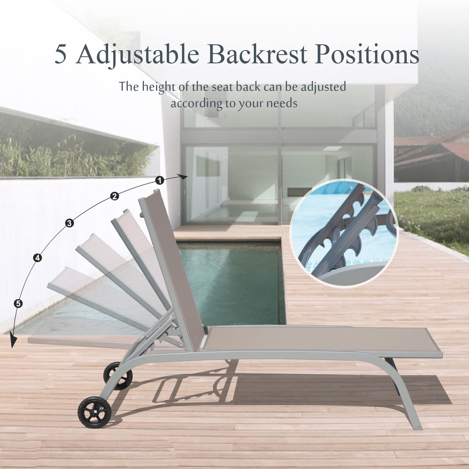 Domi Outdoor Chaise Lounge Set of 3 - Adjustable Poolside Lounge Chairs with Wheels & 5-Position Recline - Patio, Beach, Yard & Deck Furniture for Relaxing in Sun