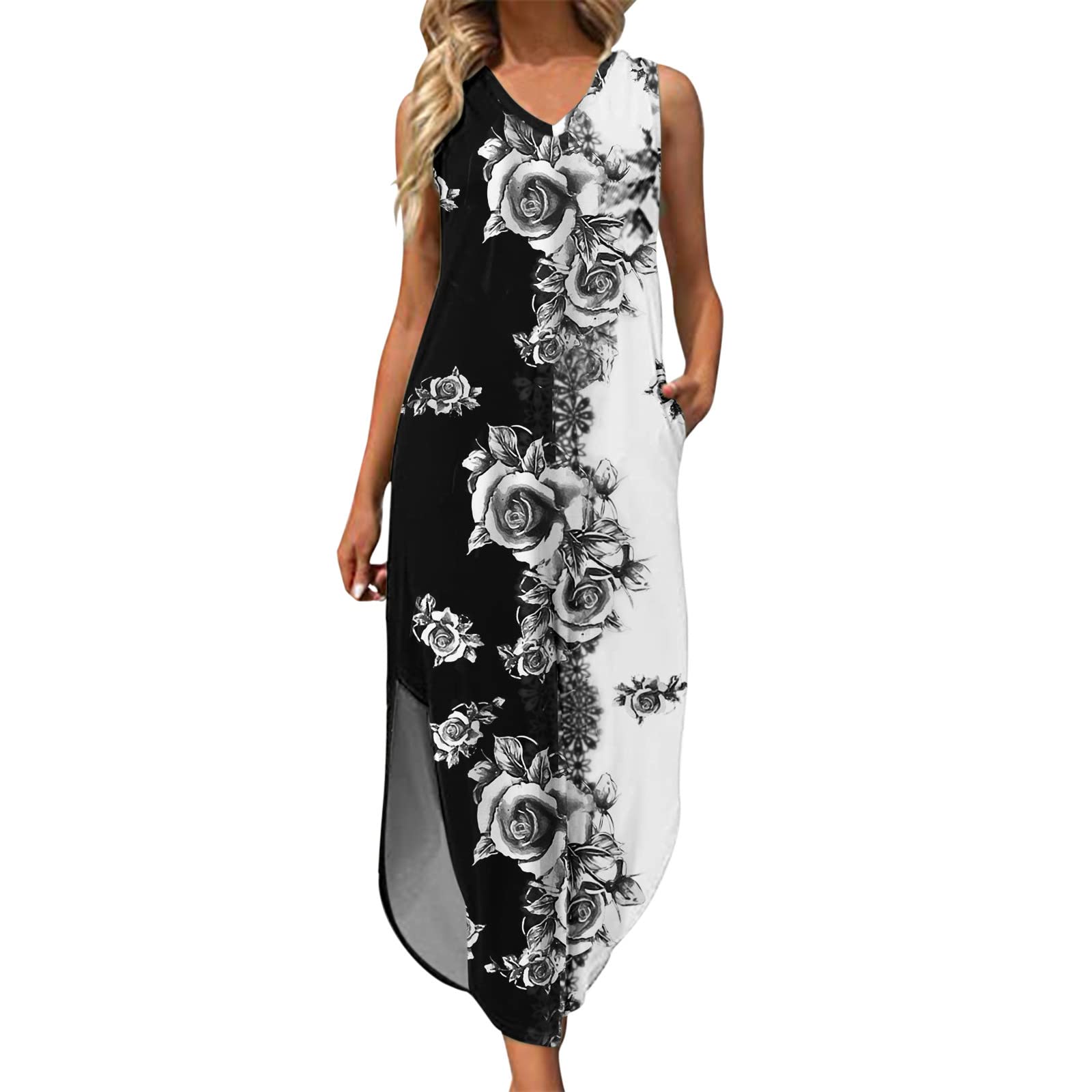 Women's Summer Dresses - Casual Sleeveless V-Neck Tank Dress with Pockets | Floral Print Loose Beach Dress for Vacation, Party & Outdoor Activities