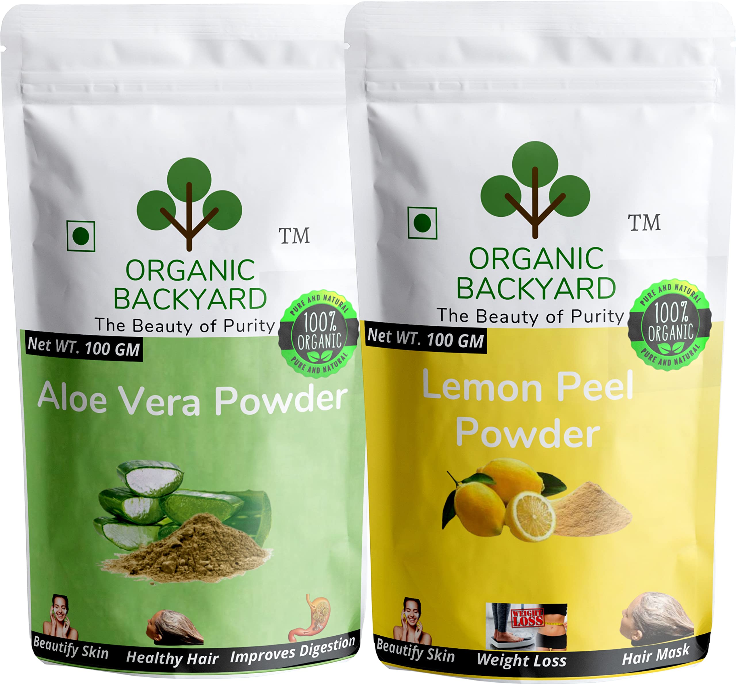 Organic 100% Natural Lemon Peel & Aloe Vera Powder Combo - 100g Each for Glowing Skin, Acne Treatment & Face Care - DIY Skincare, Homemade Face Masks & Natural Beauty Products