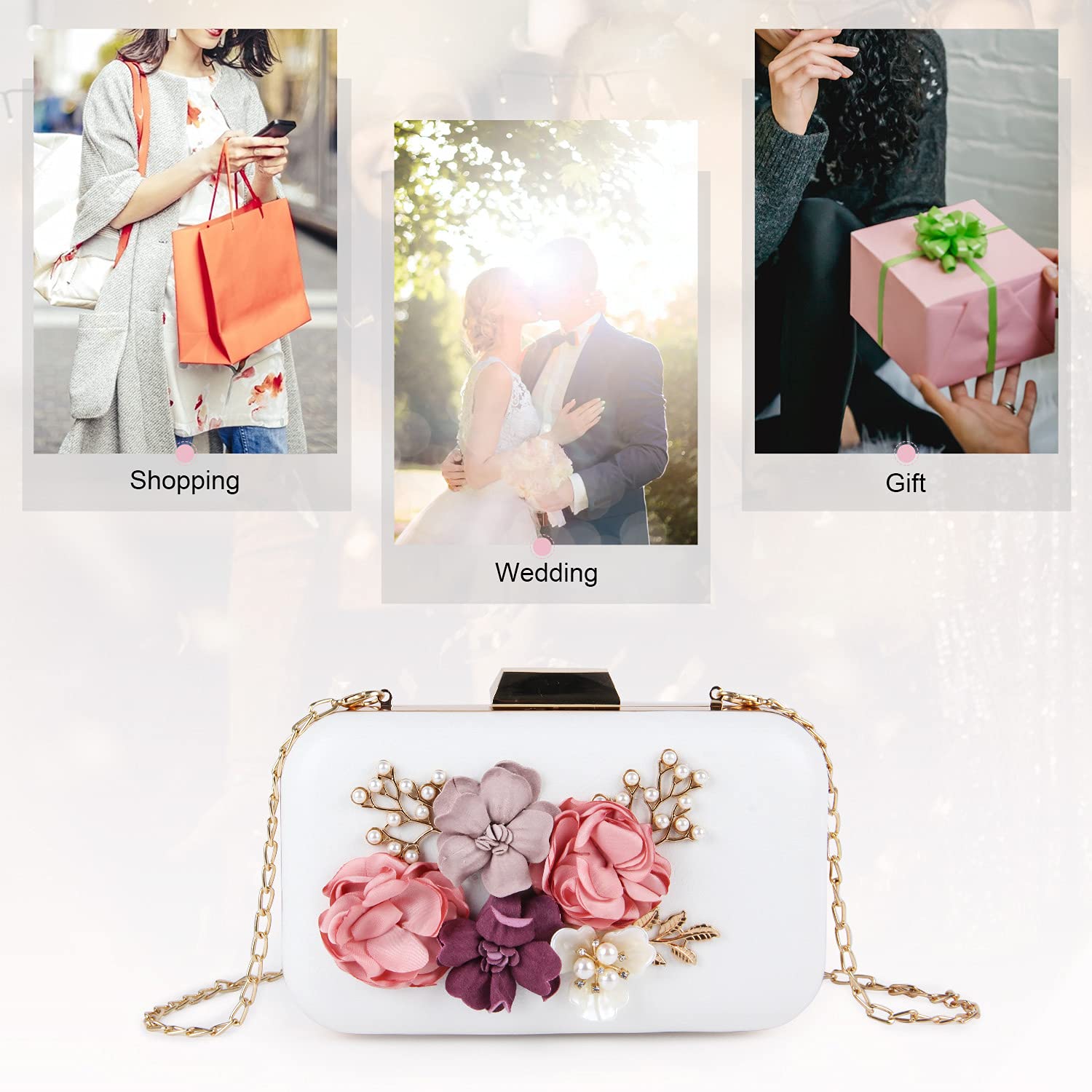 Stylish Women's Floral Clutch Bag - Elegant Evening Handbag with Wallet Compartment, White - Perfect for Parties, Weddings & Formal Events