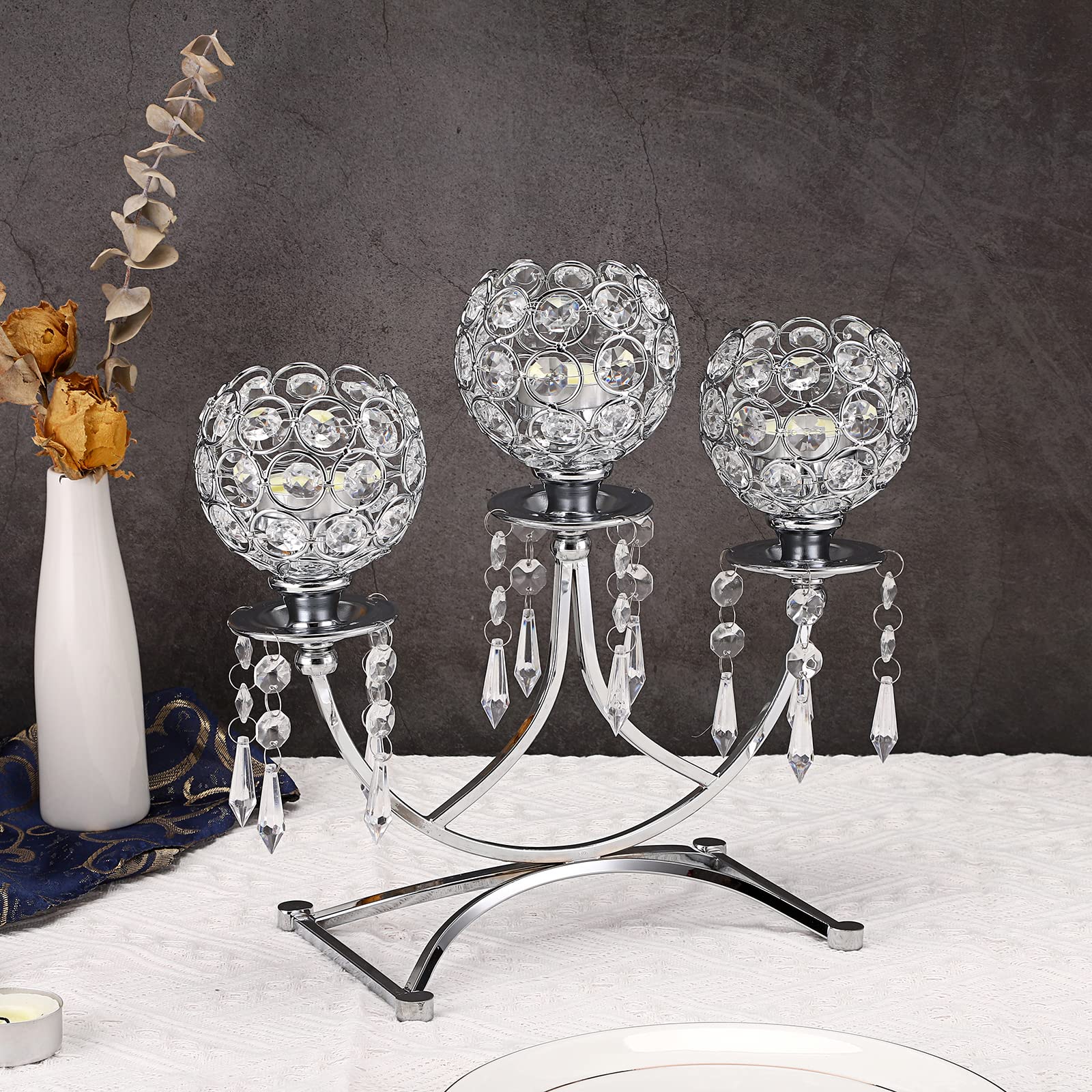 3-Arm Crystal Tealight Candle Holder - Elegant Silver Candelabra Centerpiece for Dining Table, Wedding, Christmas Party & Home Decor | Perfect for Romantic Dinners, Holiday Celebrations & Special Occasions