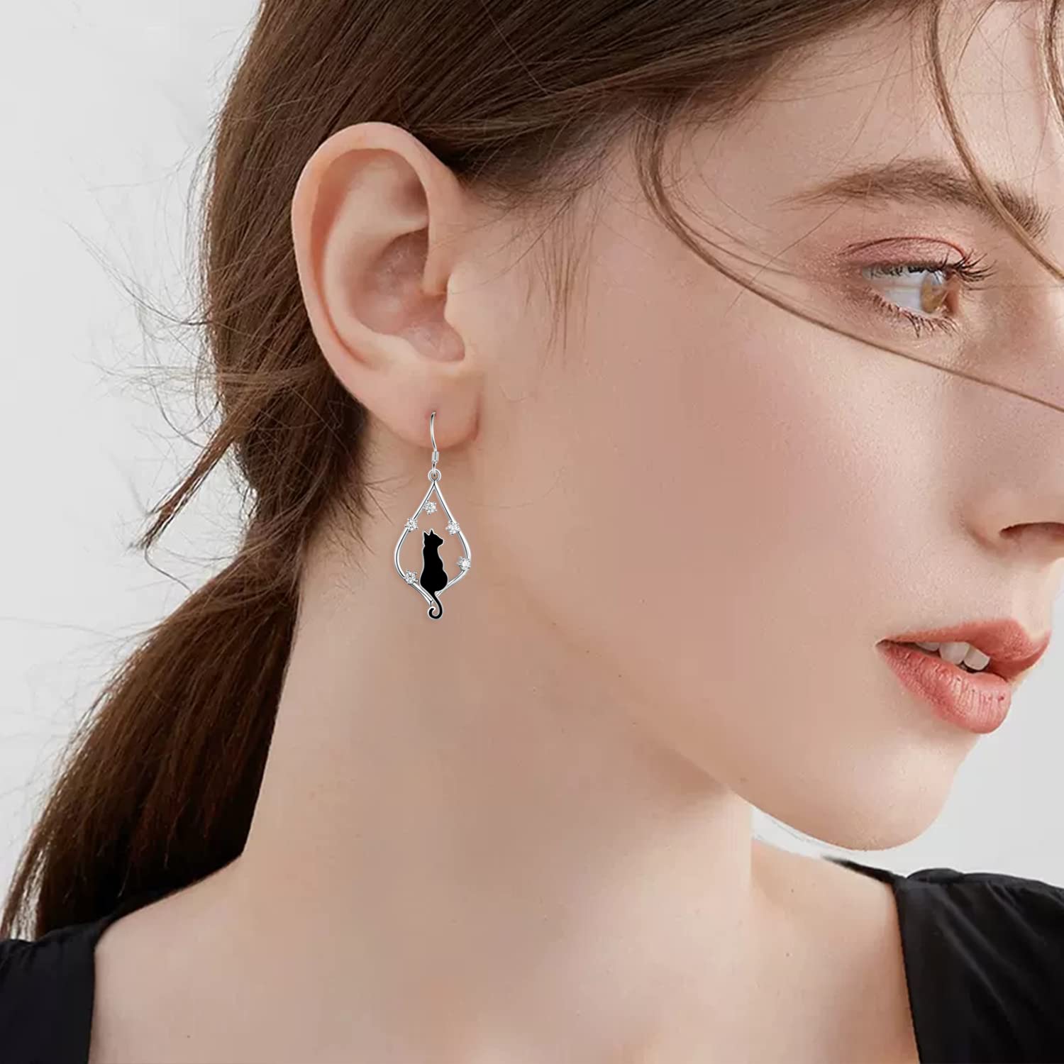 925 Sterling Silver Black Cat Dangle Earrings - Cute Cat Lover Jewelry Gift for Women | Perfect for Halloween, Birthday & Everyday Wear